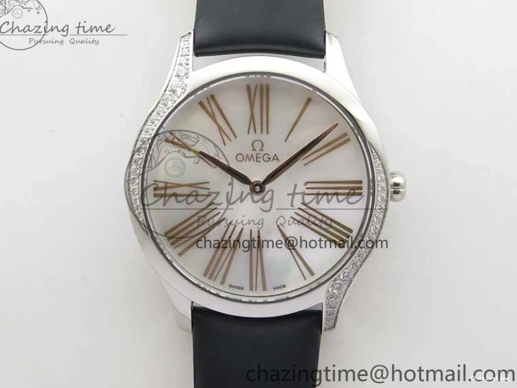 0811 Ladies’ De Ville Trésor Diamond SS 3AF 1:1 Best Edition White MOP Dial RG Markers On Black Fabric strap Swiss Quartz Comfortable 7884